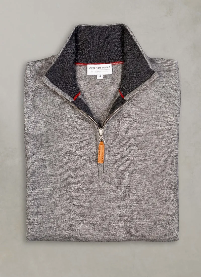 Men's Madison Quarter Zip Cashmere Sweater in Light Grey Heather