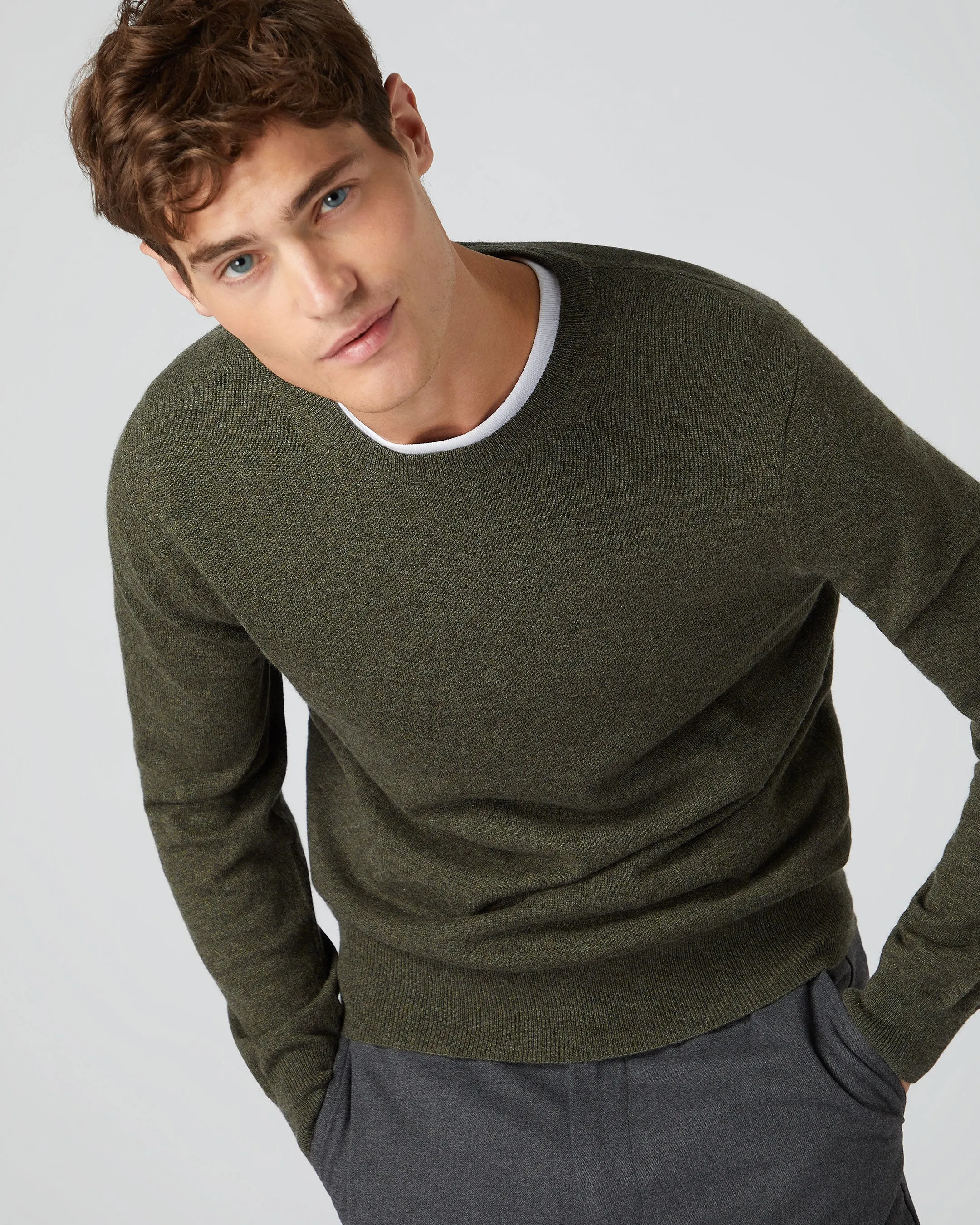 Men's Oxford Round Neck Cashmere Jumper Moss Green