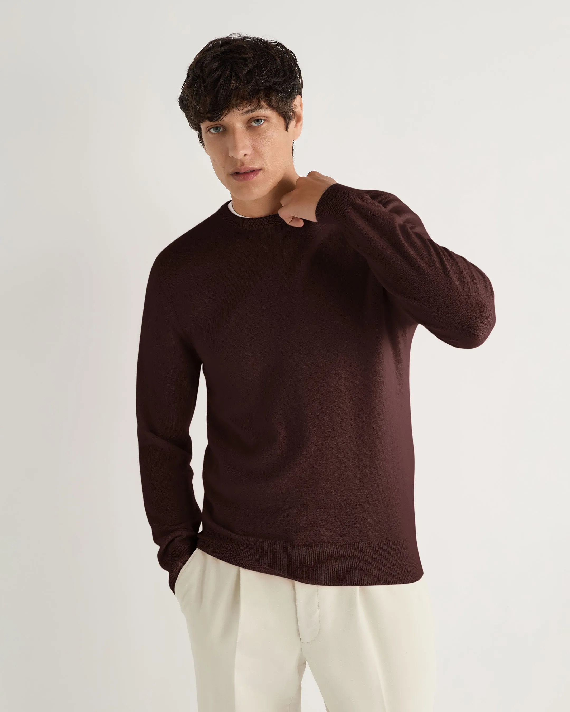 Men's Oxford Round Neck Cashmere Sweater Claret Red