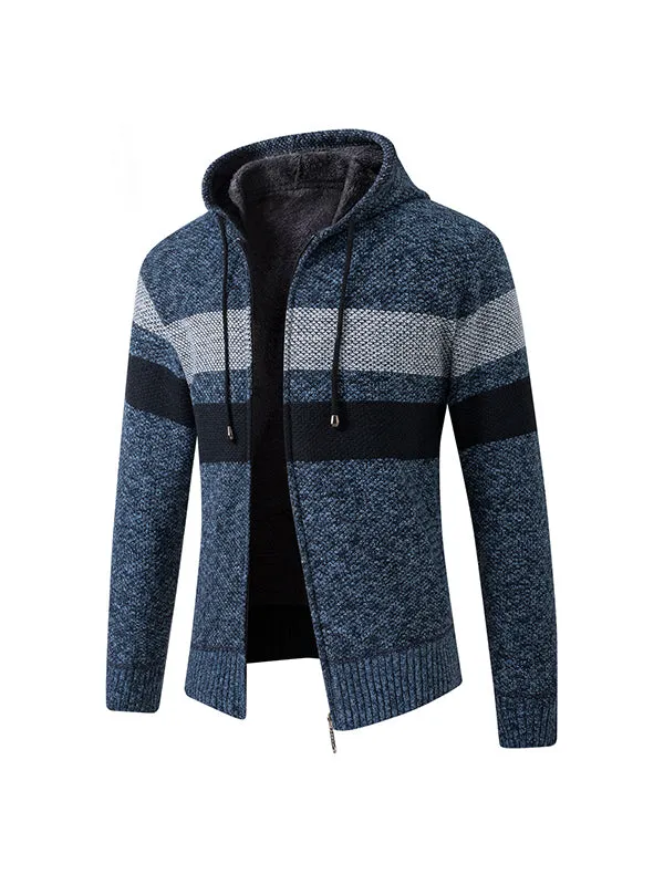 Men's Plush Cardigan Sweater Large Size Hooded Colorblock Knitted Jacket