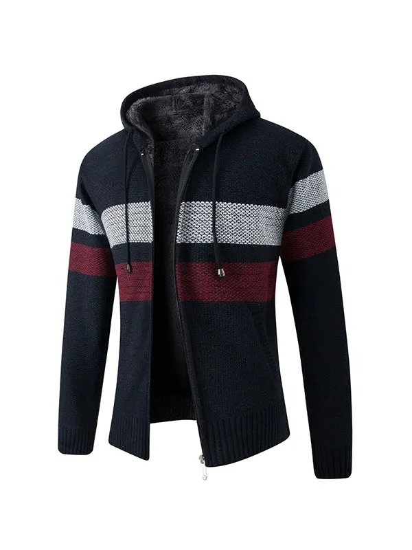 Men's Plush Cardigan Sweater Large Size Hooded Colorblock Knitted Jacket