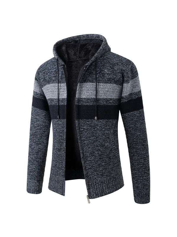 Men's Plush Cardigan Sweater Large Size Hooded Colorblock Knitted Jacket