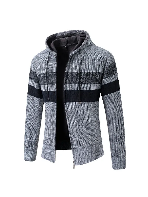 Men's Plush Cardigan Sweater Large Size Hooded Colorblock Knitted Jacket