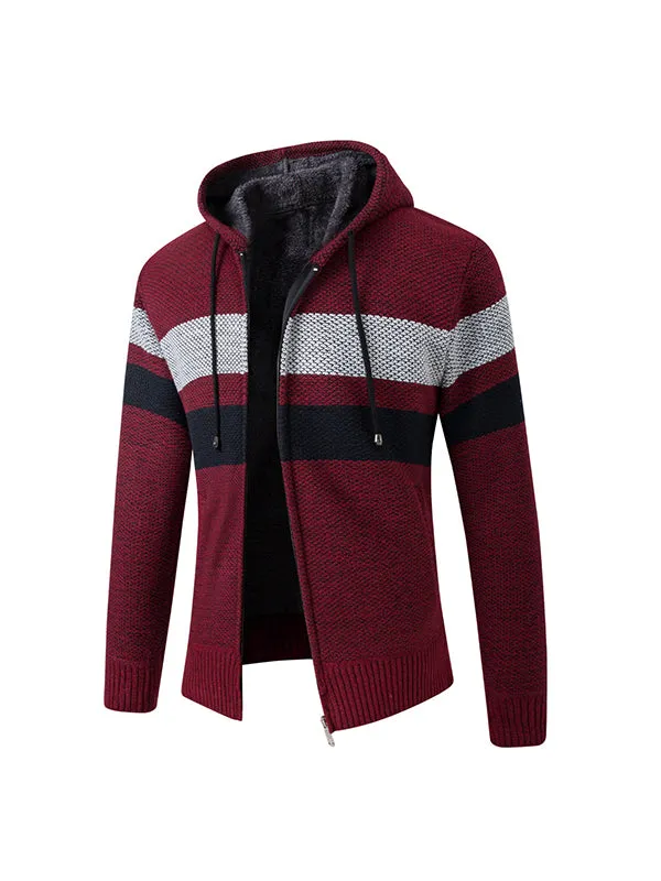 Men's Plush Cardigan Sweater Large Size Hooded Colorblock Knitted Jacket