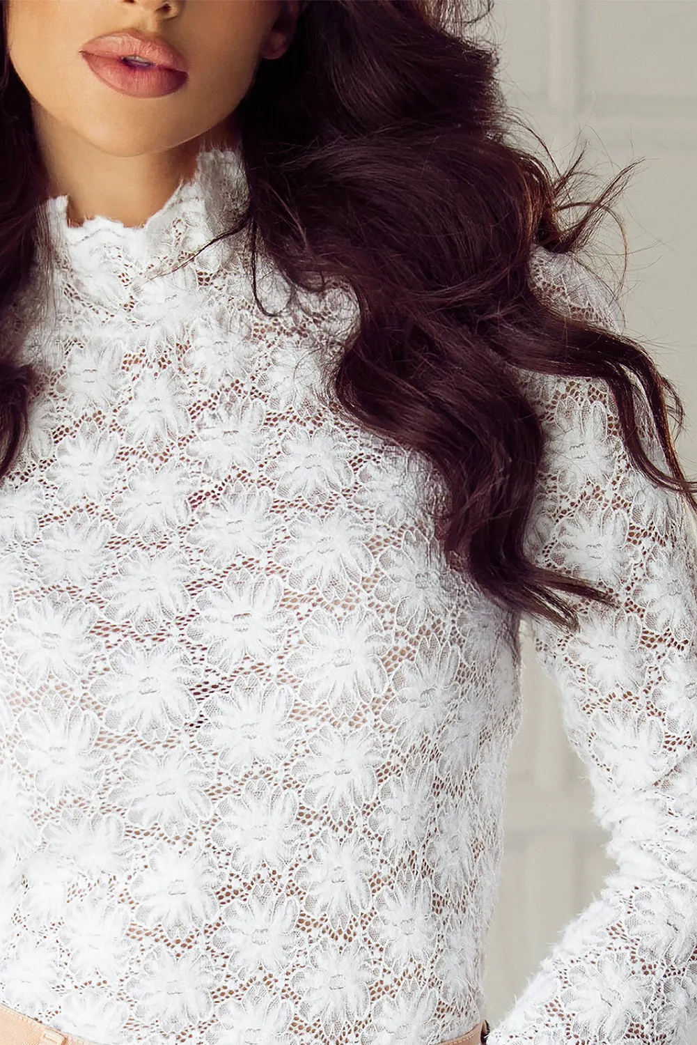 Mock Neck Long Sleeve Lace Blouse