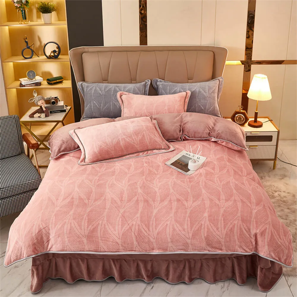 Modern Leaf Pattern Soft Milk Velvet Bed Sheet Set with Bed Skirt