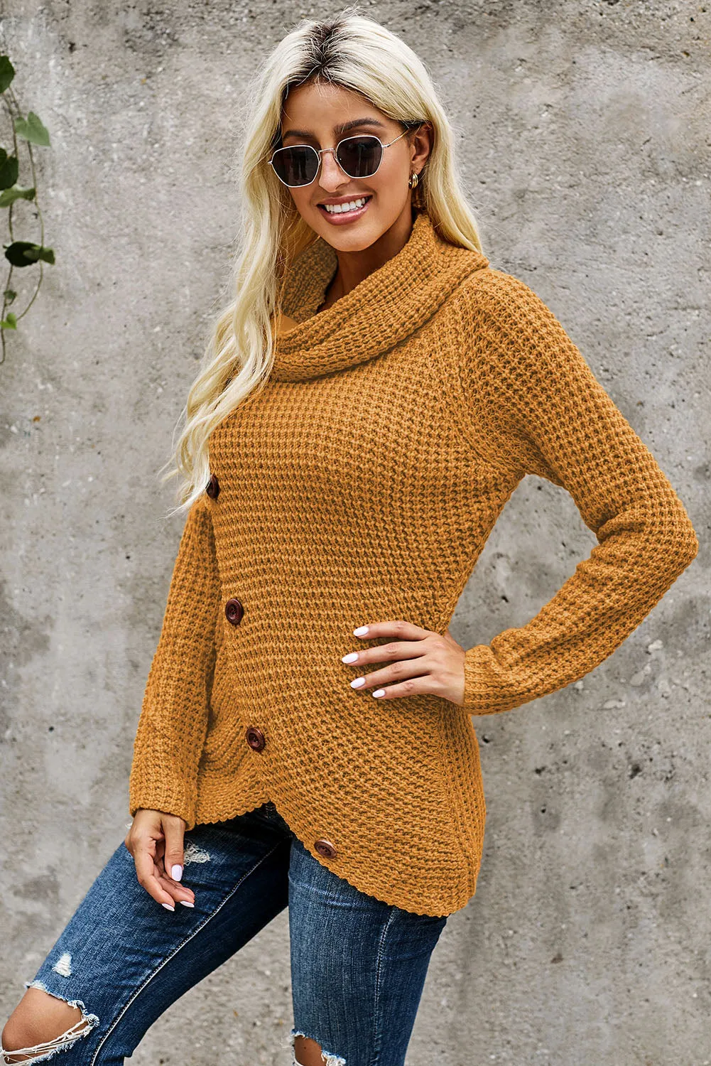 Mustard Buttoned Wrap Turtleneck Sweater