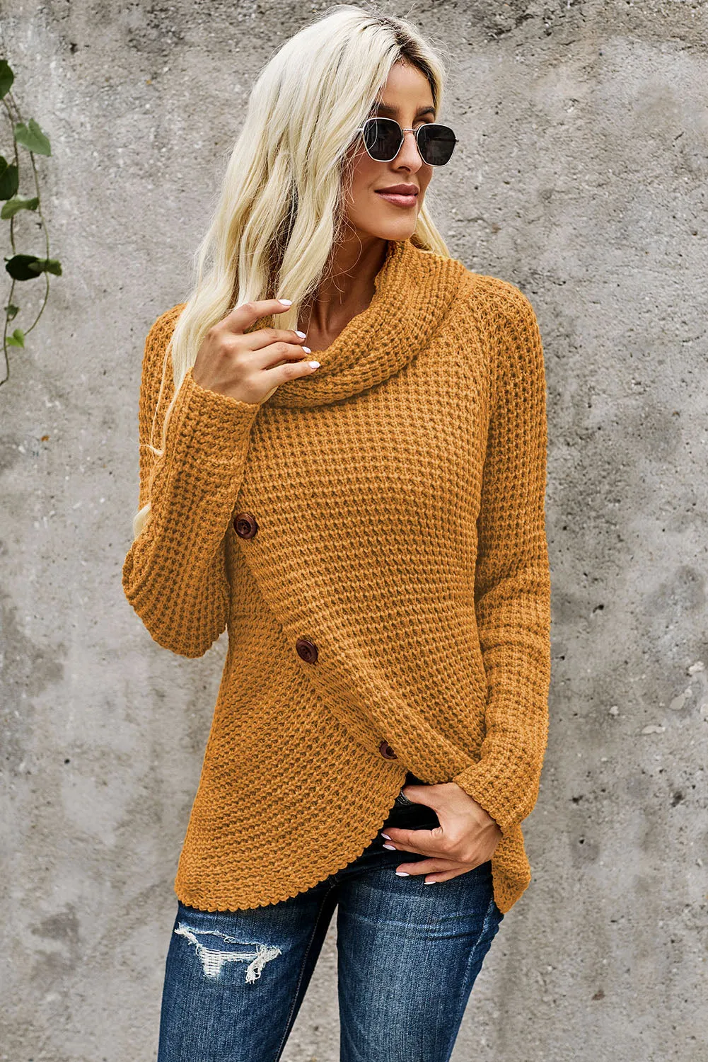 Mustard Buttoned Wrap Turtleneck Sweater