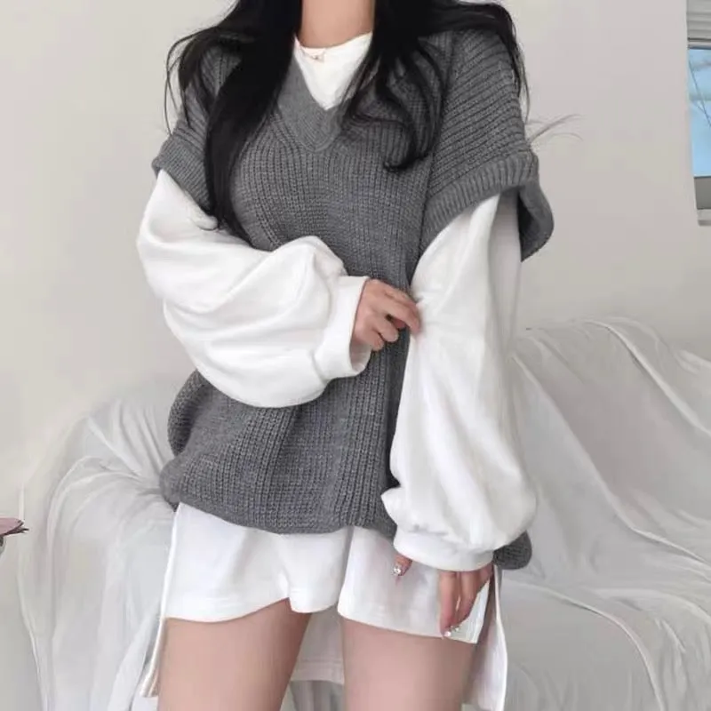 Oversized Knitted Vest and Cotton Sweatshirt Set