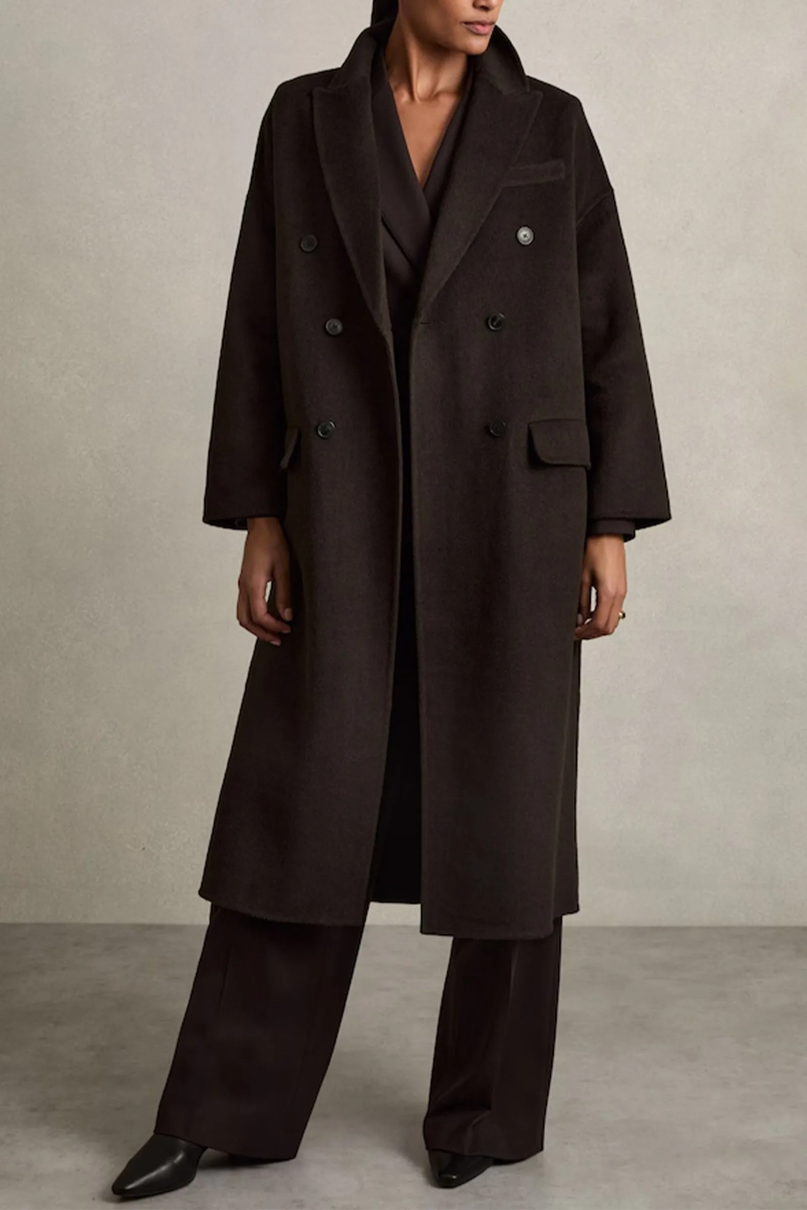 Petite Wool Blend Herringbone-Twill Coat in Chocolate