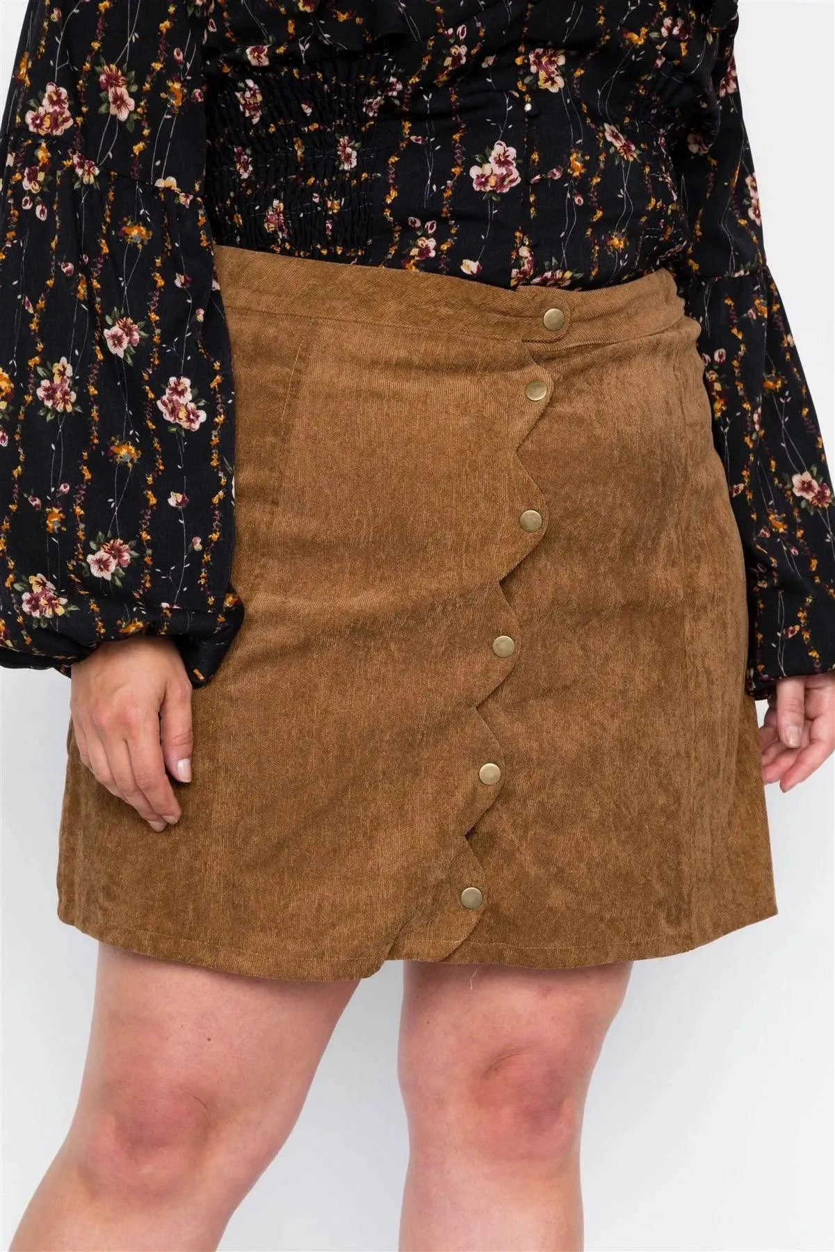 Plus Size Camel Corduroy Scallop Front Mini Skirt