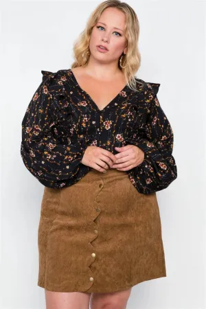 Plus Size Camel Corduroy Scallop Front Mini Skirt