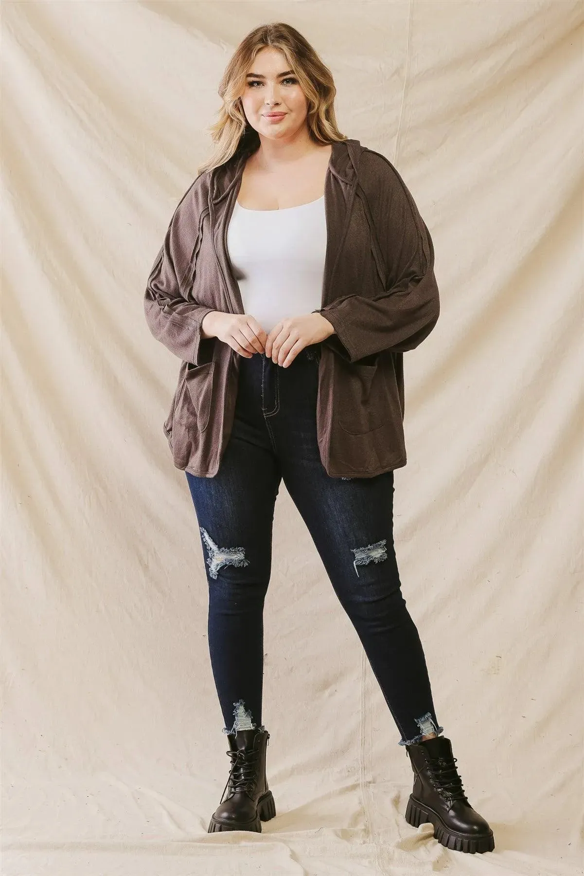 Plus Size Inside-Out Hooded Open Front Cardigan /3-2-1