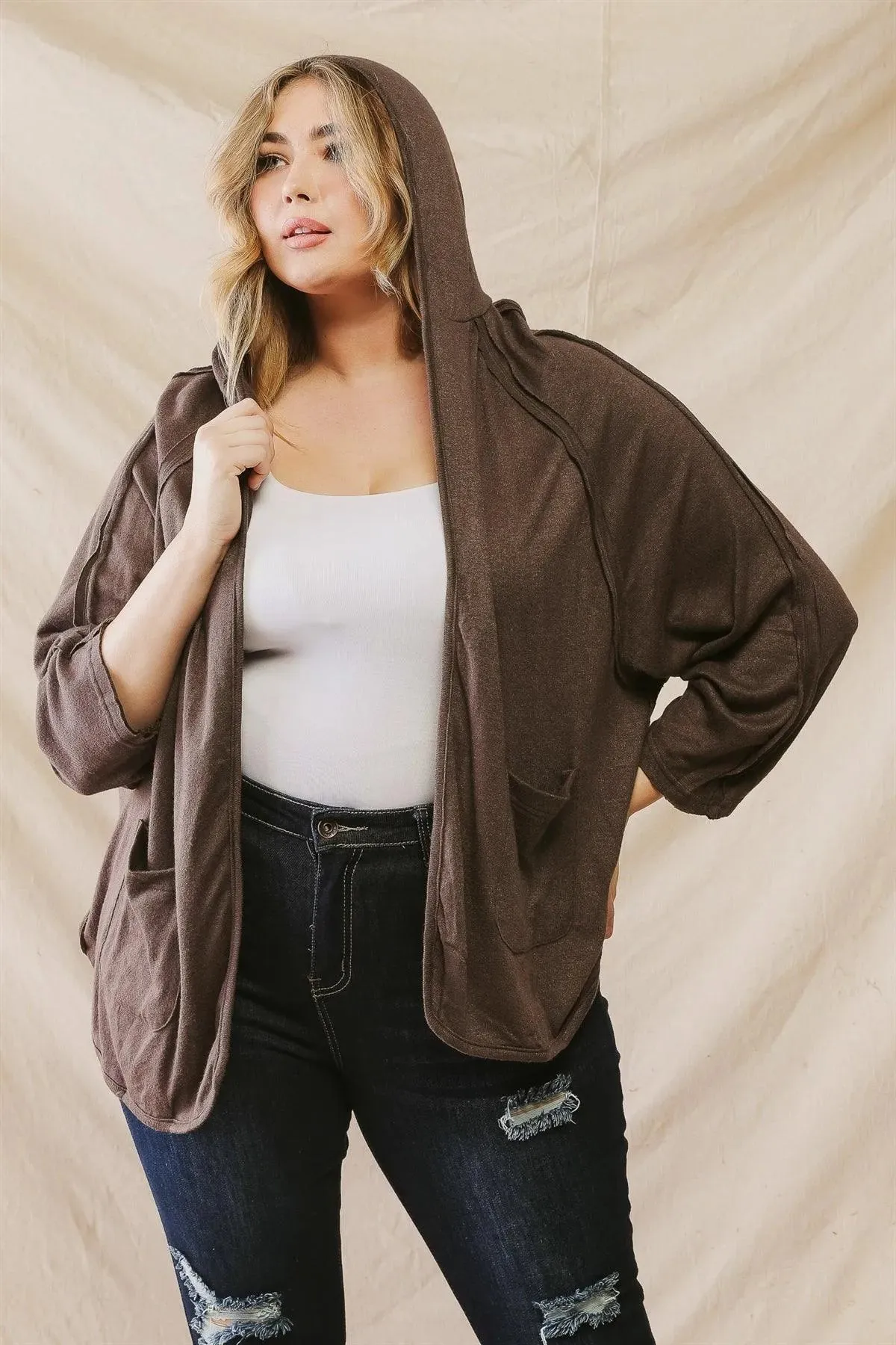 Plus Size Inside-Out Hooded Open Front Cardigan /3-2-1