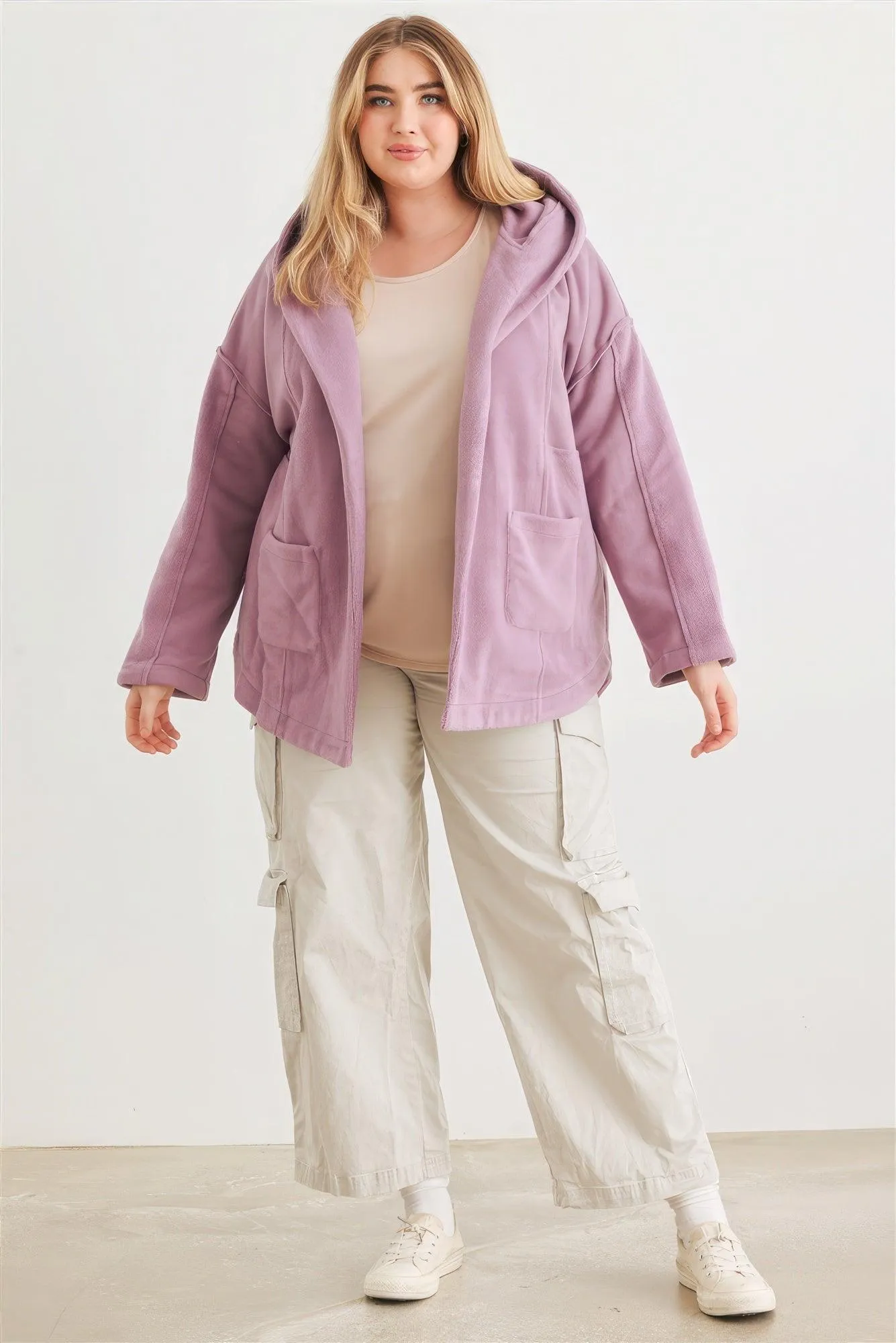 Plus Two Pocket Open Front Soft To Touch Hooded Cardigan