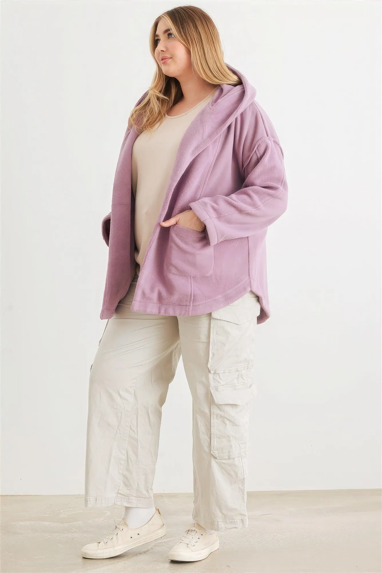 Plus Two Pocket Open Front Soft To Touch Hooded Cardigan