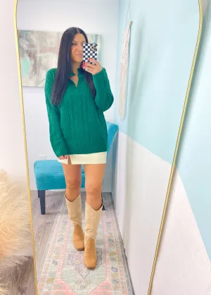 'Prancer' Hunter Green Notch V-Neck Oversized Cable Knit Sweater