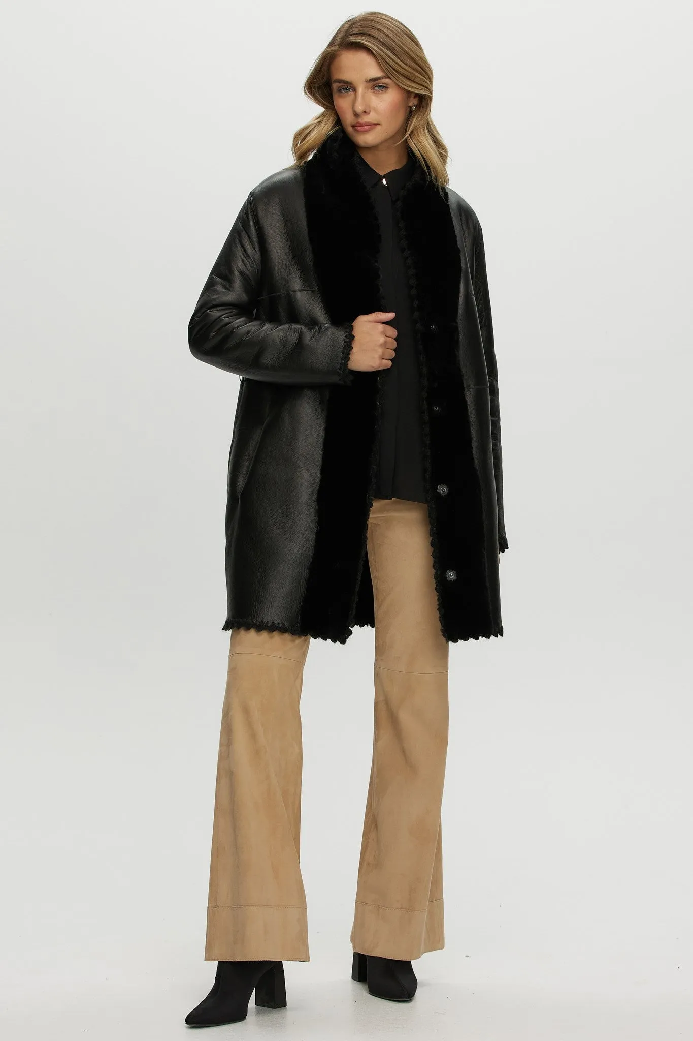 REVERSIBLE SHEARLING LAMB JACKET  WITH EMBROIDERD TRIM, BELT