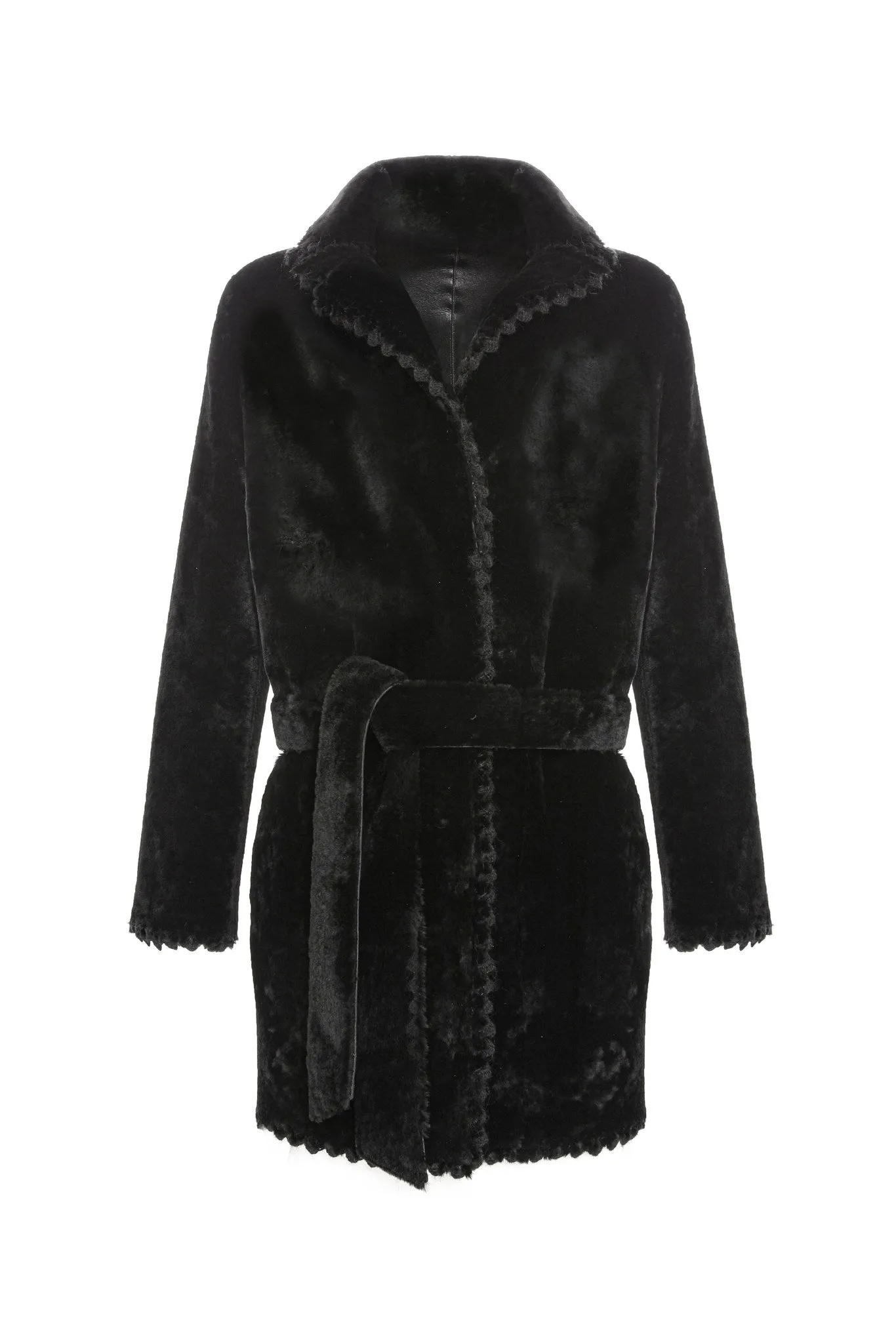 REVERSIBLE SHEARLING LAMB JACKET  WITH EMBROIDERD TRIM, BELT