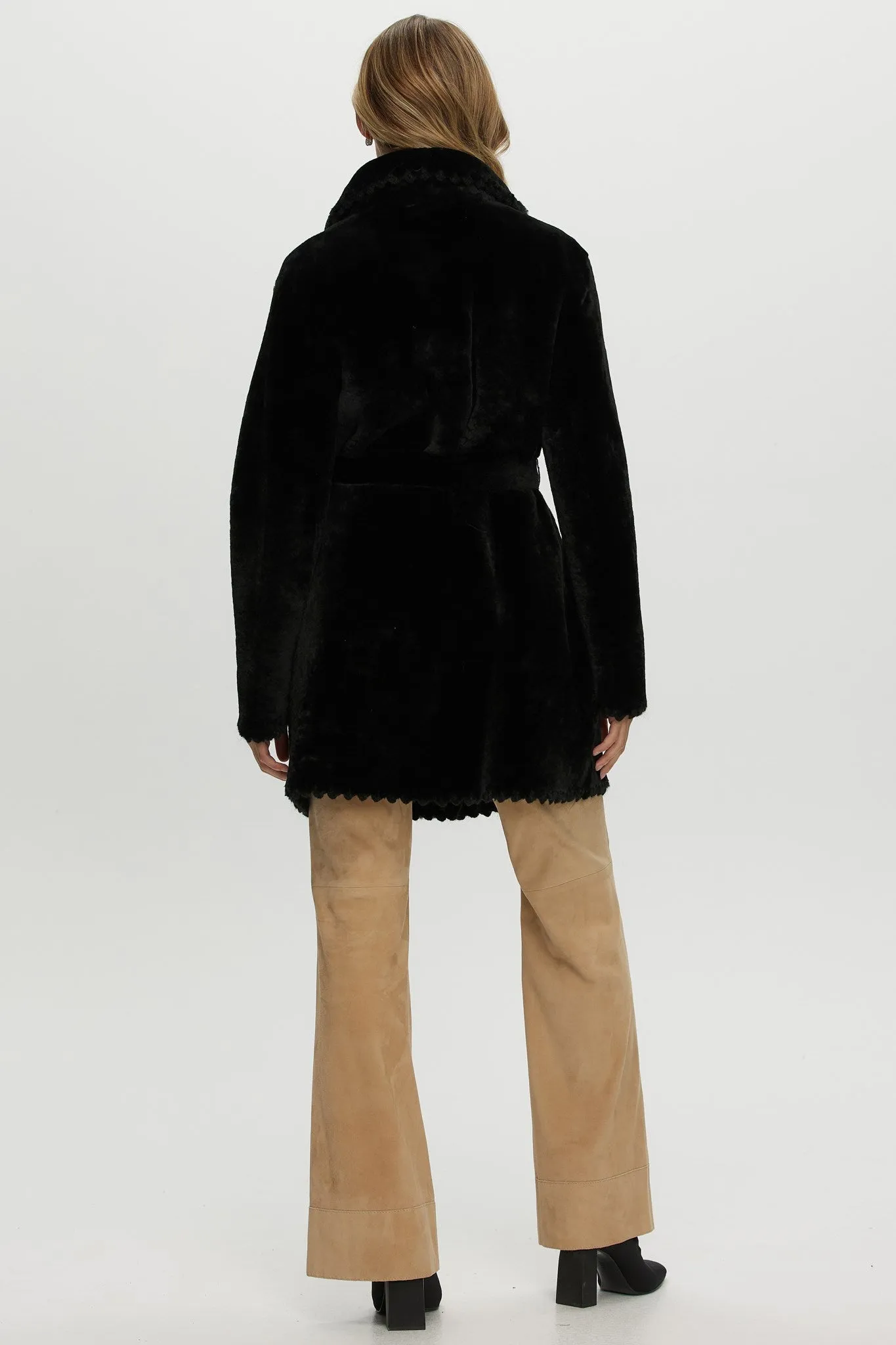 REVERSIBLE SHEARLING LAMB JACKET  WITH EMBROIDERD TRIM, BELT