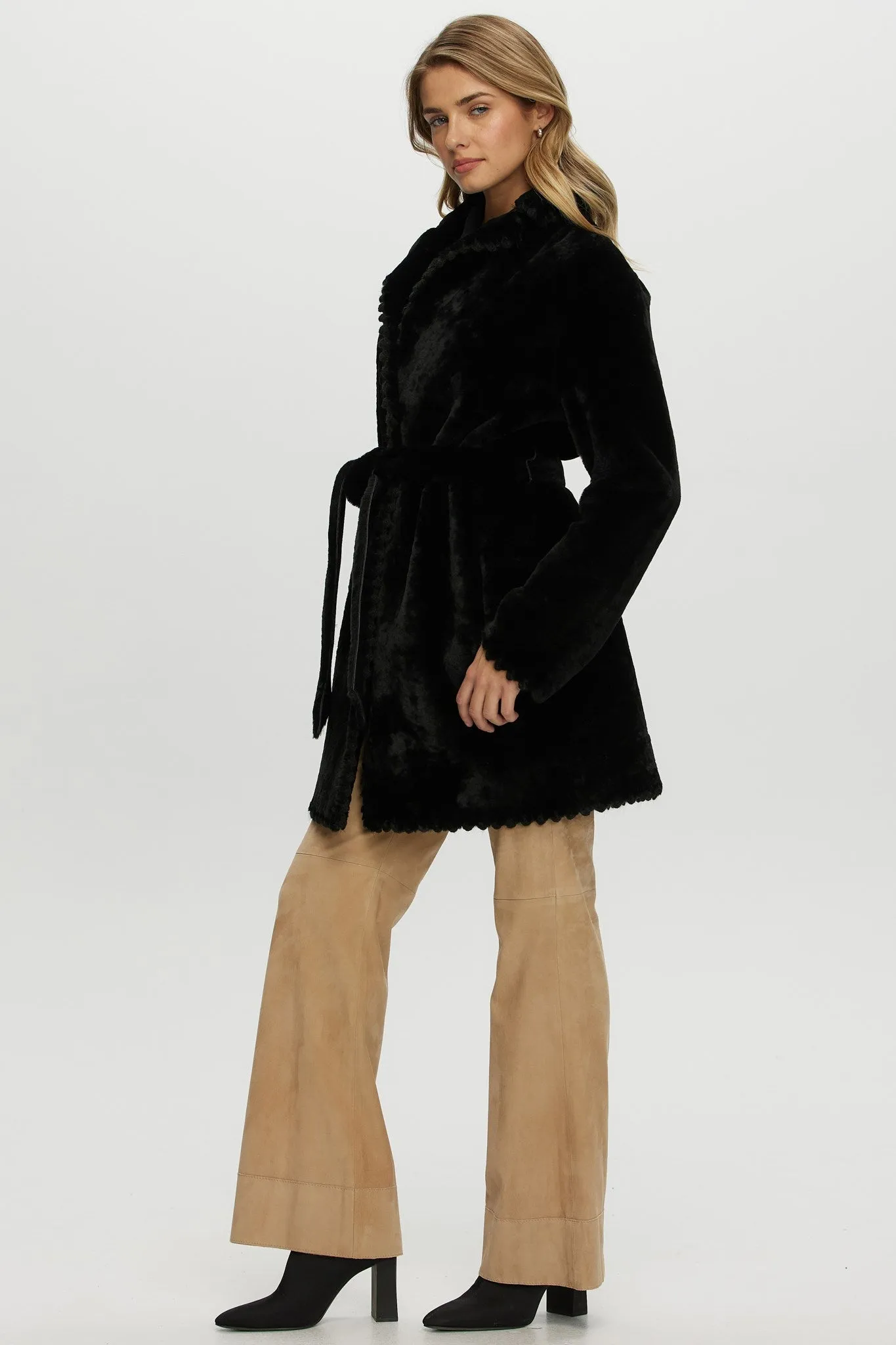 REVERSIBLE SHEARLING LAMB JACKET  WITH EMBROIDERD TRIM, BELT