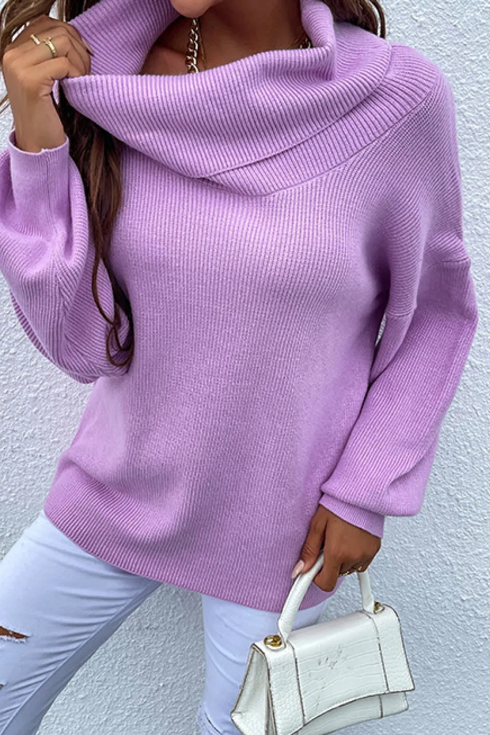 Rib-Knit Lantern Sleeve Turtleneck Sweater