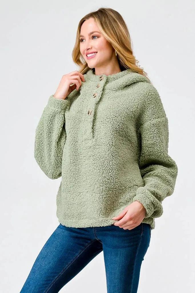 Sage Sherpa Button-Up Neck Two Pocket Hooded Sweater /1-2-2