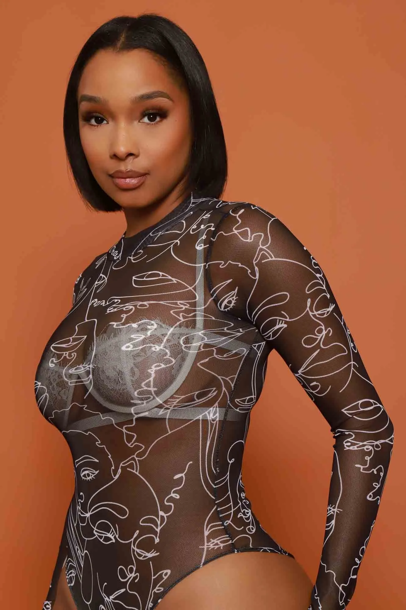 Share My Life Graphic Print Mesh Bodysuit - Black