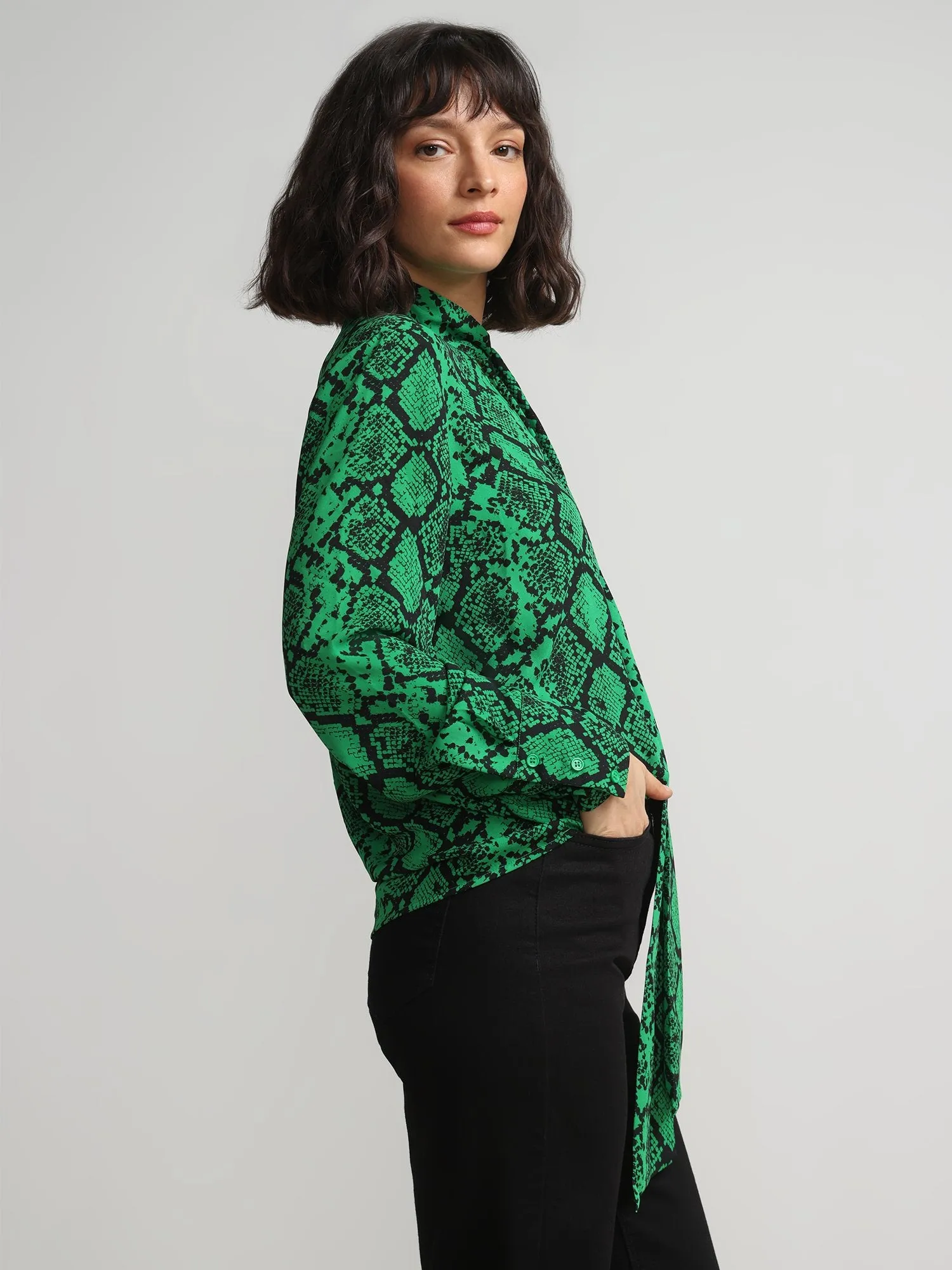 Snake-Print Tie-Front Cut-Out Satin Effect Blouse