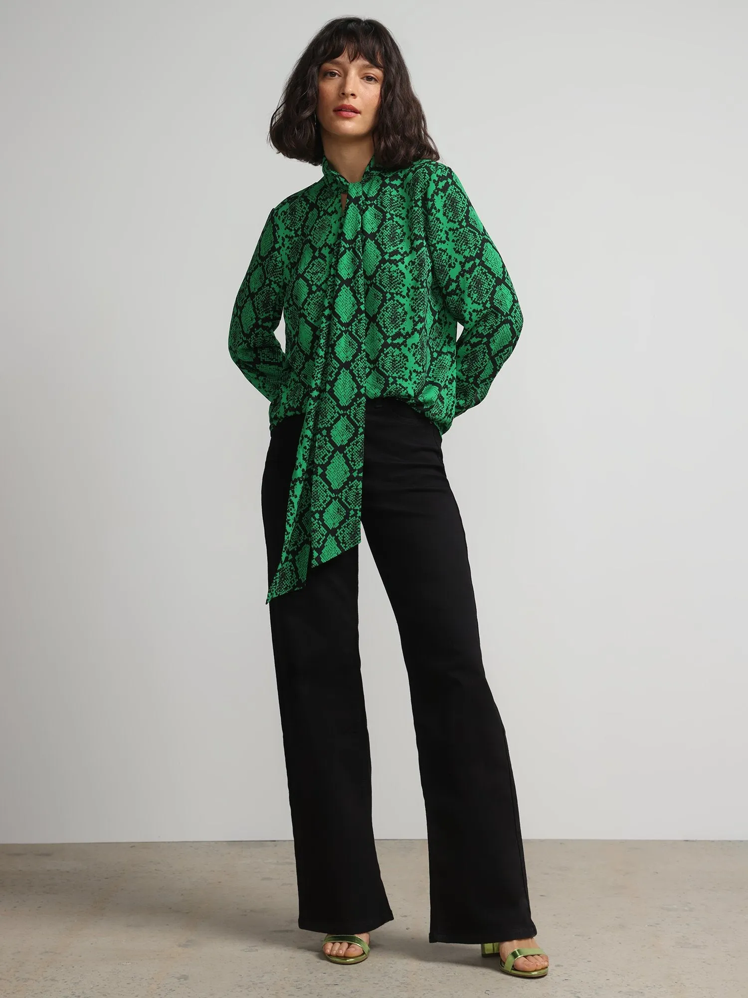 Snake-Print Tie-Front Cut-Out Satin Effect Blouse