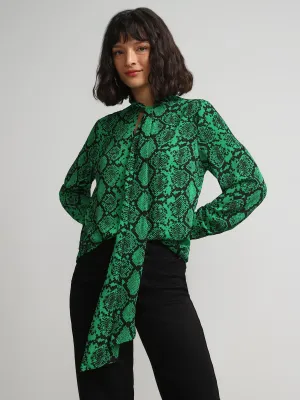 Snake-Print Tie-Front Cut-Out Satin Effect Blouse