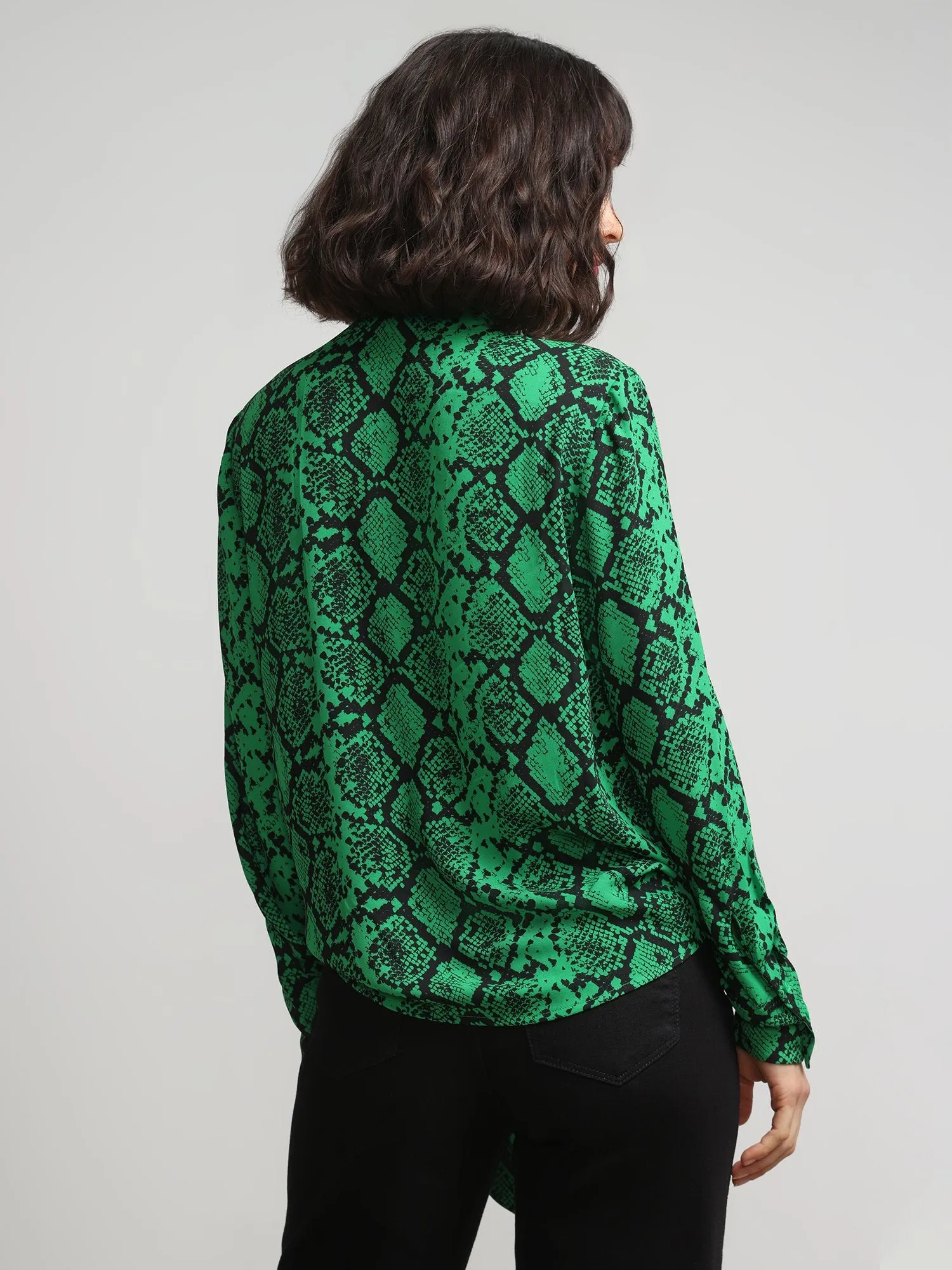 Snake-Print Tie-Front Cut-Out Satin Effect Blouse