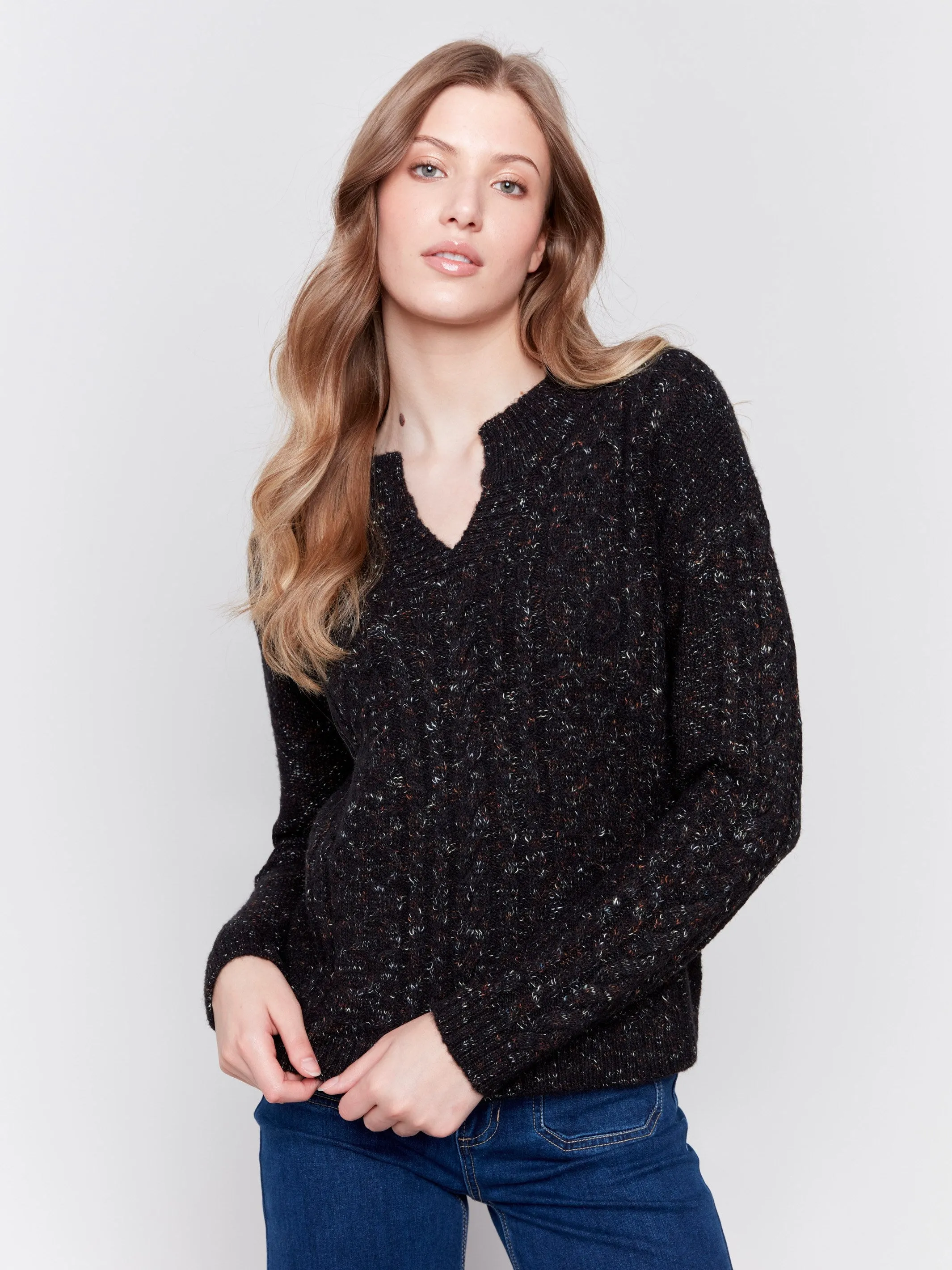 Speckled Yarn Cable Knit Sweater - Black - H-Black