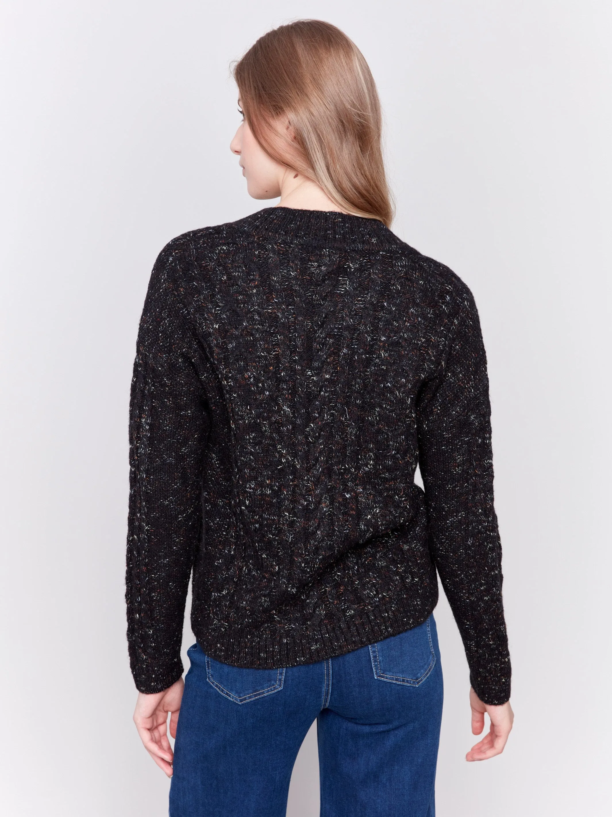 Speckled Yarn Cable Knit Sweater - Black - H-Black