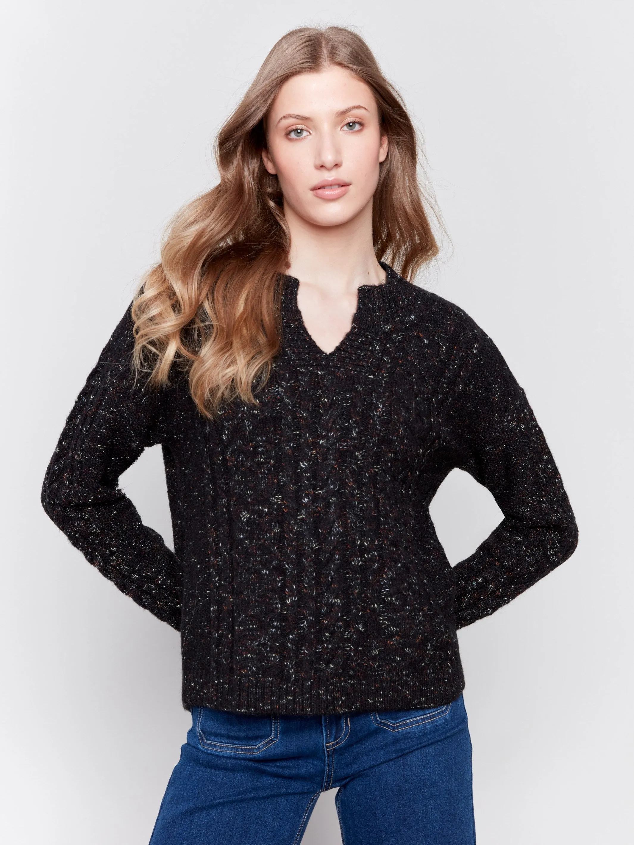 Speckled Yarn Cable Knit Sweater - Black - H-Black