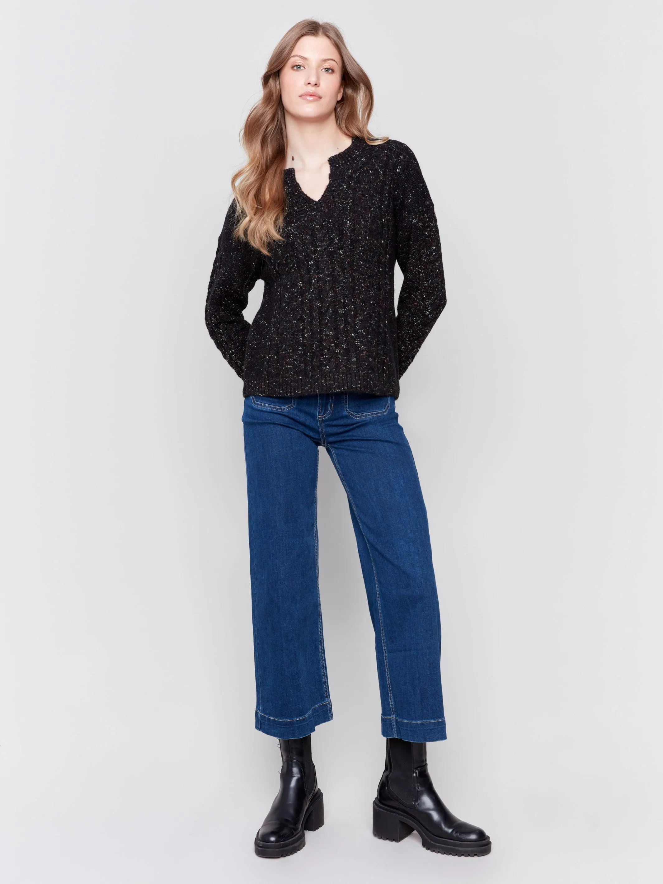 Speckled Yarn Cable Knit Sweater - Black - H-Black