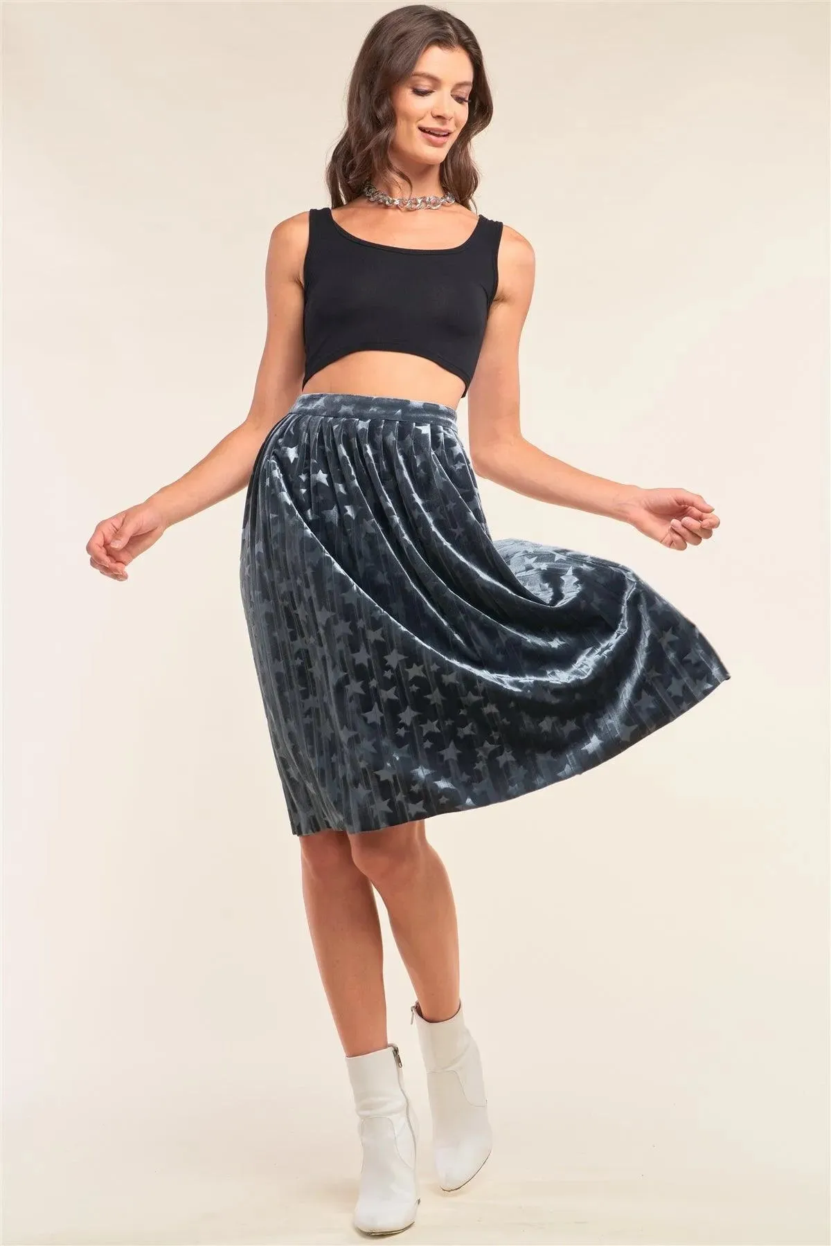 Starstruck Dusty Blue Velvet Star Print High Waisted Pleated Midi Skirt /1-2-2-1