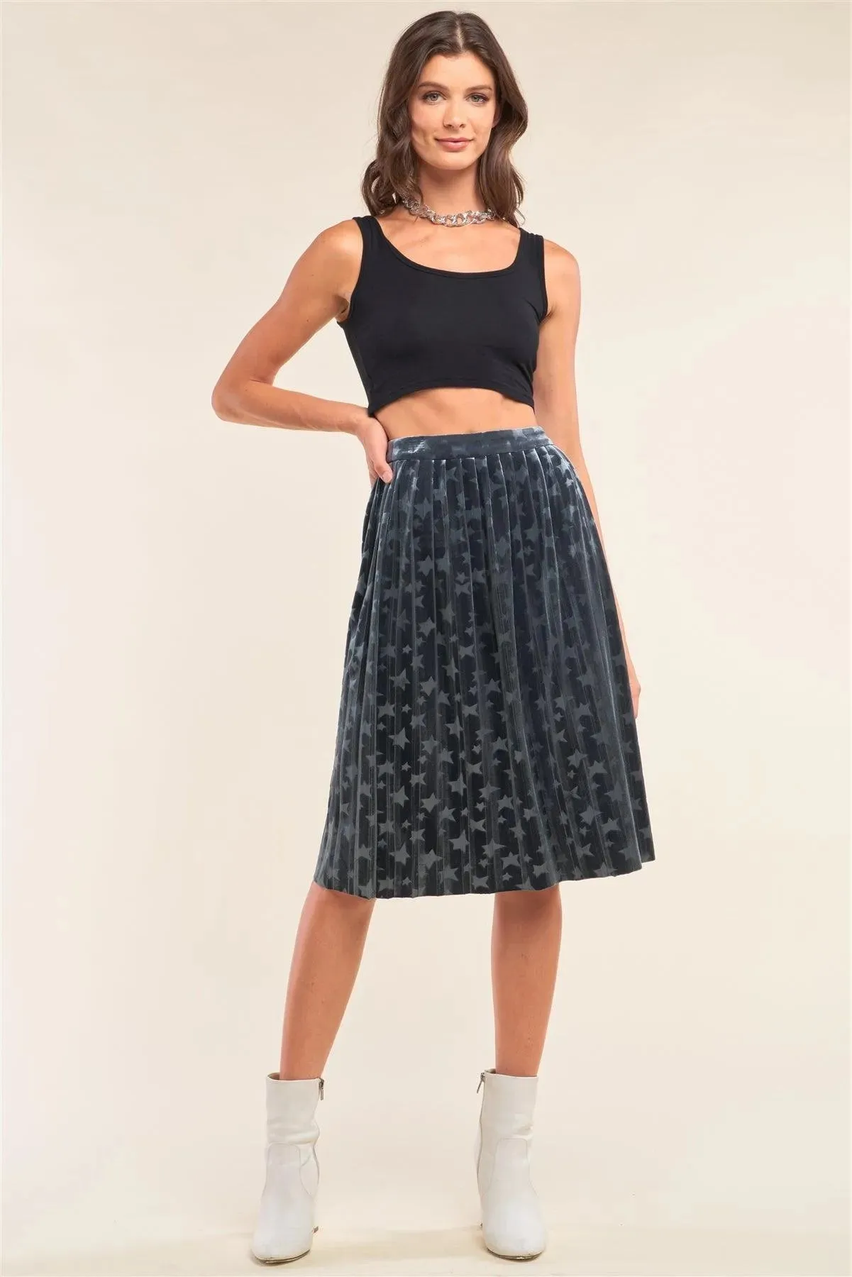 Starstruck Dusty Blue Velvet Star Print High Waisted Pleated Midi Skirt /1-2-2-1