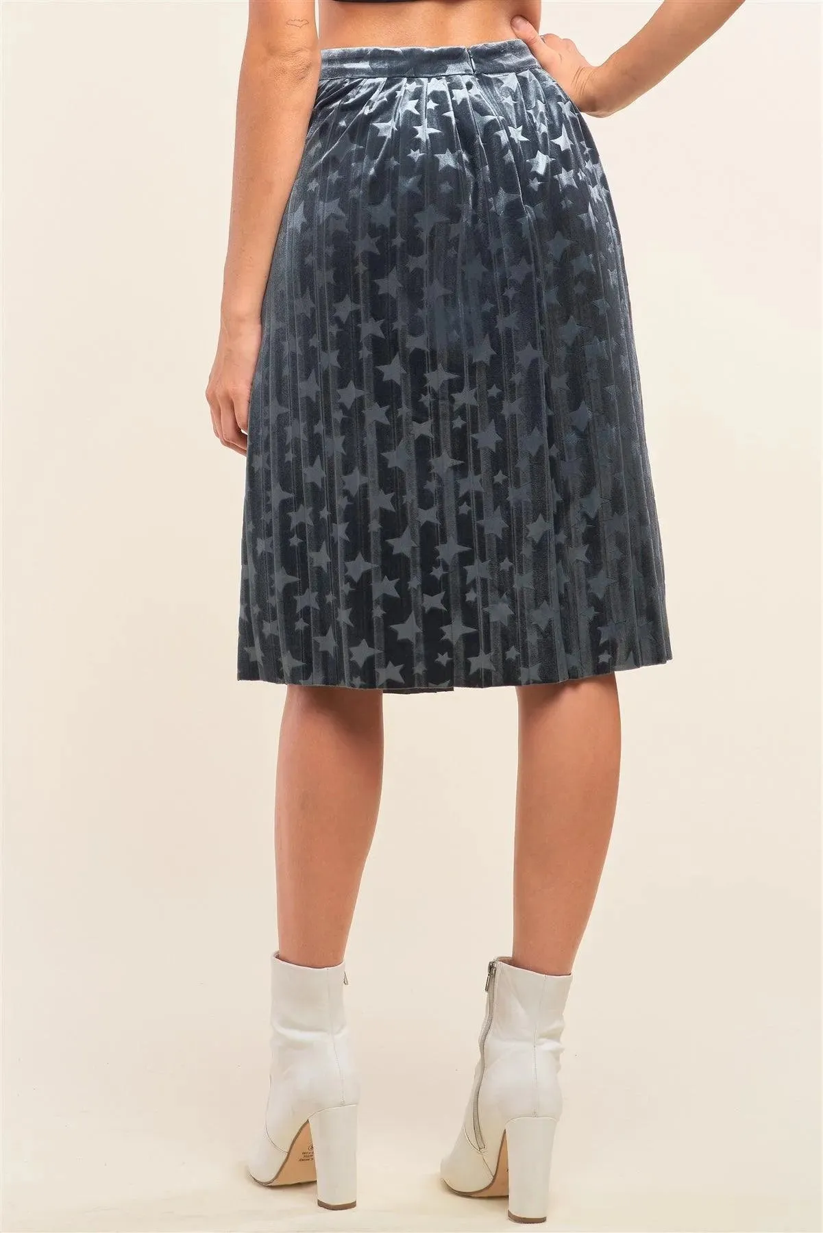 Starstruck Dusty Blue Velvet Star Print High Waisted Pleated Midi Skirt /1-2-2-1