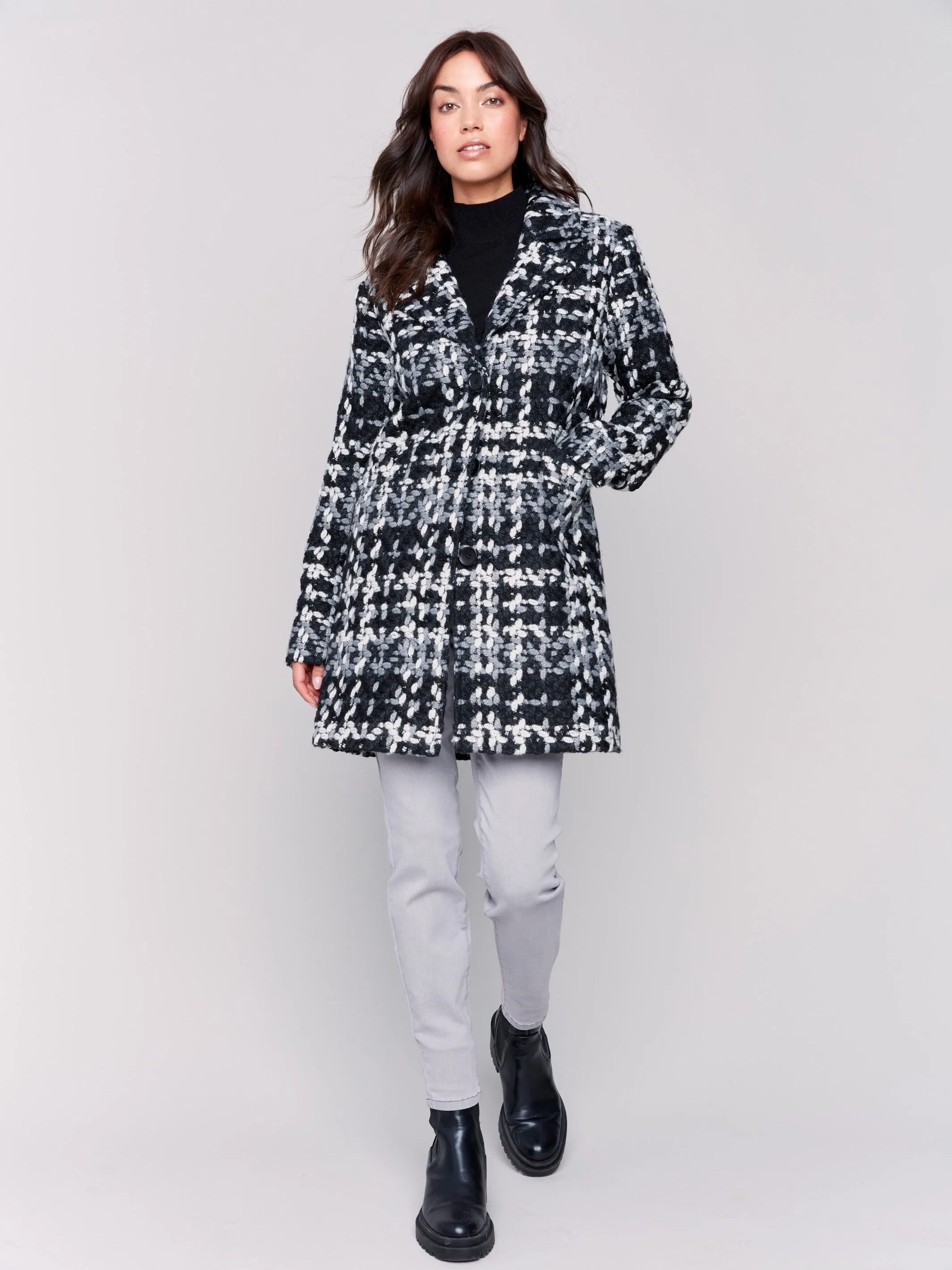 Straight Cut Bouclé Knit Coat - Black & White