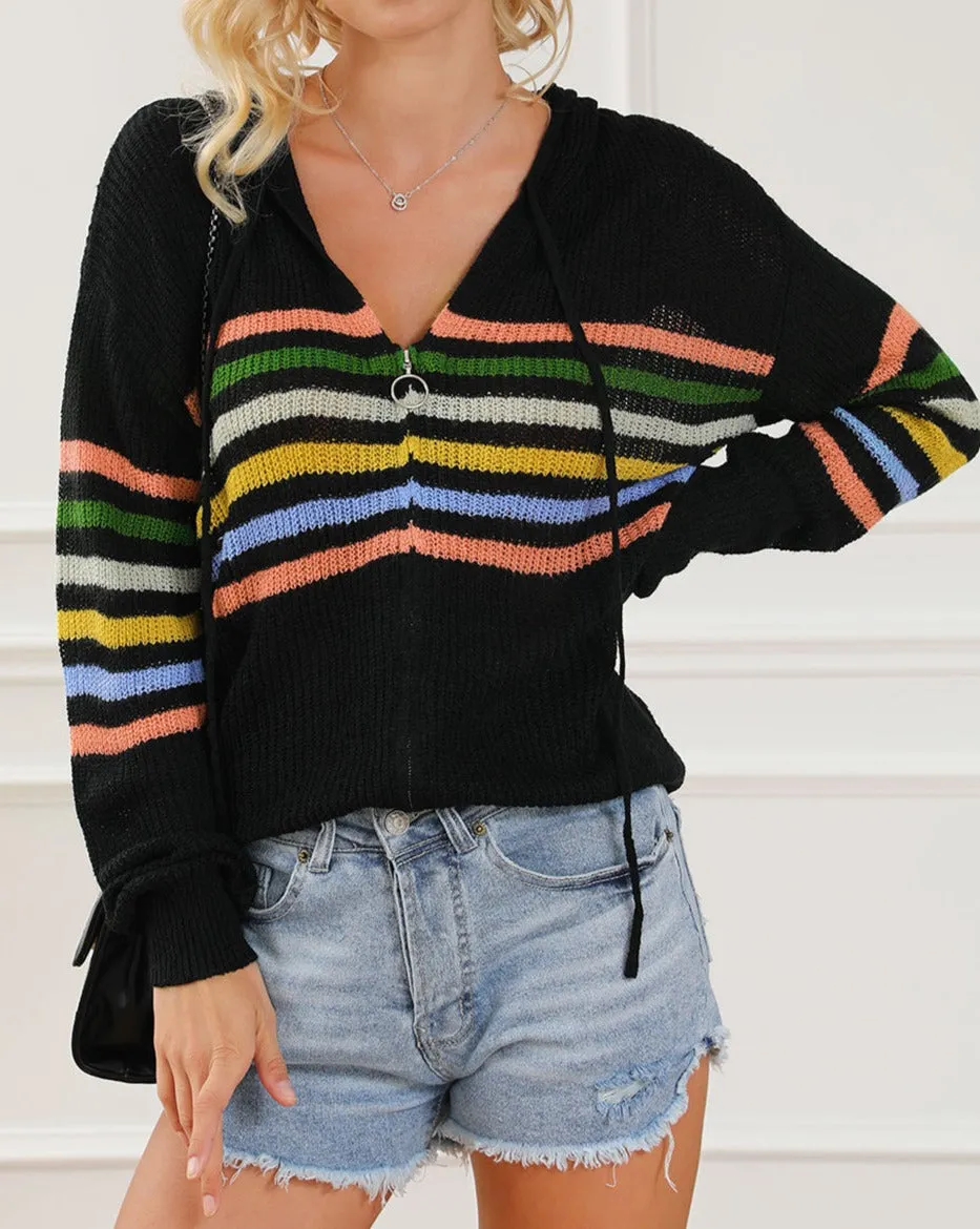 Stripe Zip-Up Hooded Cardigan