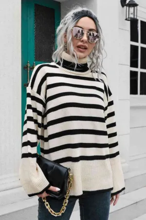 Striped Turtleneck Drop Shoulder Sweater