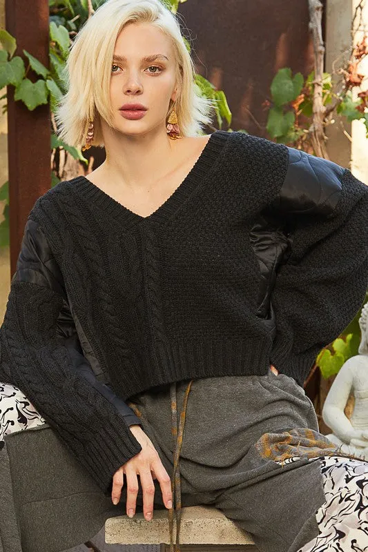 TEEK - Black Cable Knit Quilting Patch V-Neck Sweater