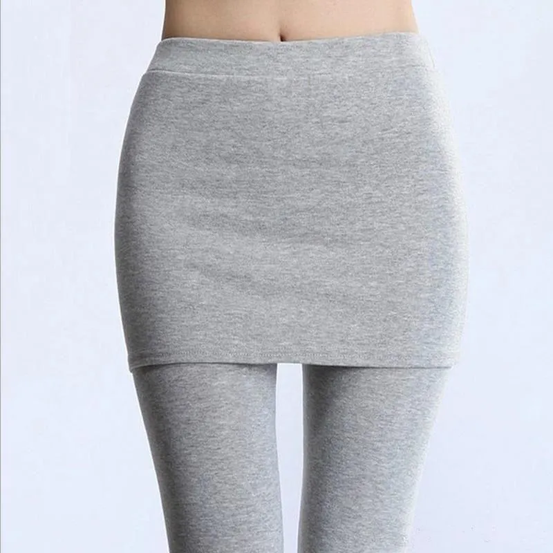 Thick Lined Leggings with Attached Skirt - Light Gray