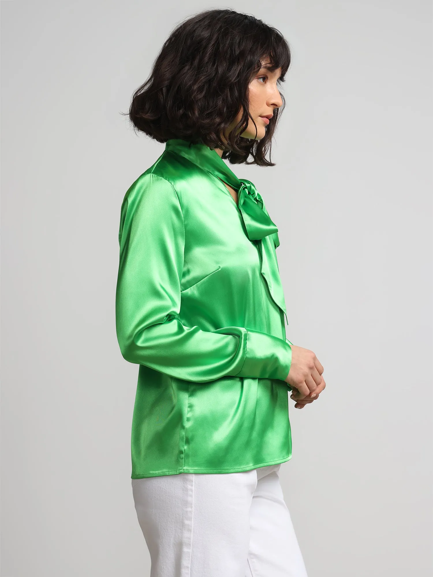 Tie-Front Cut-Out Satin Effect Blouse