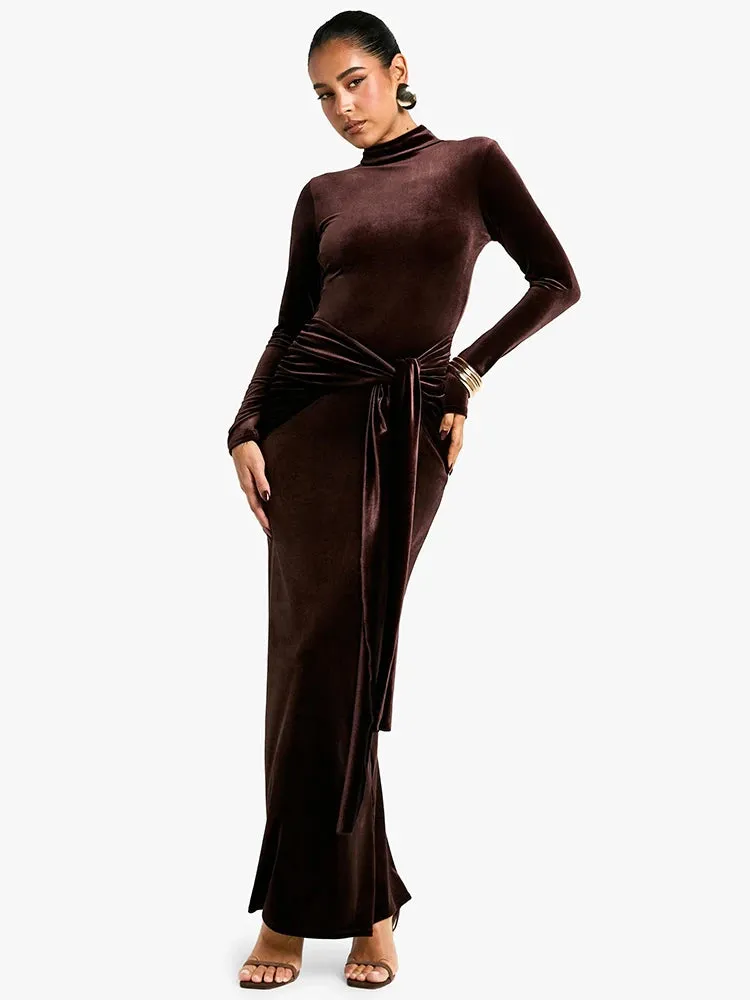 Velvet High Neck Knot Evening Gown for Winter Events