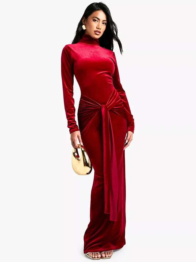 Velvet High Neck Knot Evening Gown for Winter Events