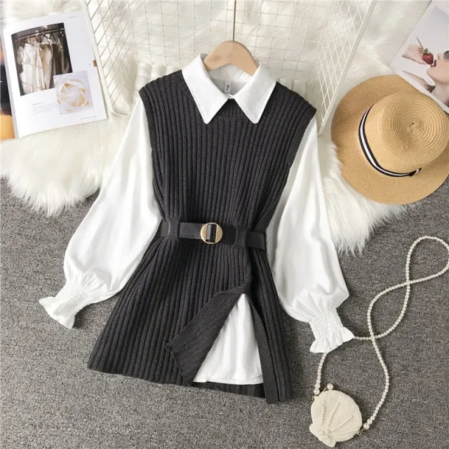 Women Split Knitted Belted Vest | College Style Vest | Women Knitted Vest Shirt | Long Sleeve Round Neck Sweater Shirt Knit Set With Belt