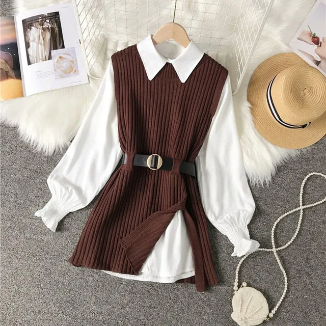 Women Split Knitted Belted Vest | College Style Vest | Women Knitted Vest Shirt | Long Sleeve Round Neck Sweater Shirt Knit Set With Belt