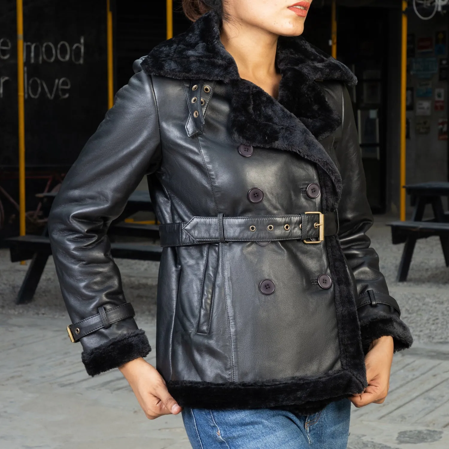 Women’s Black Double Breasted Real Shearling Leather Jacket